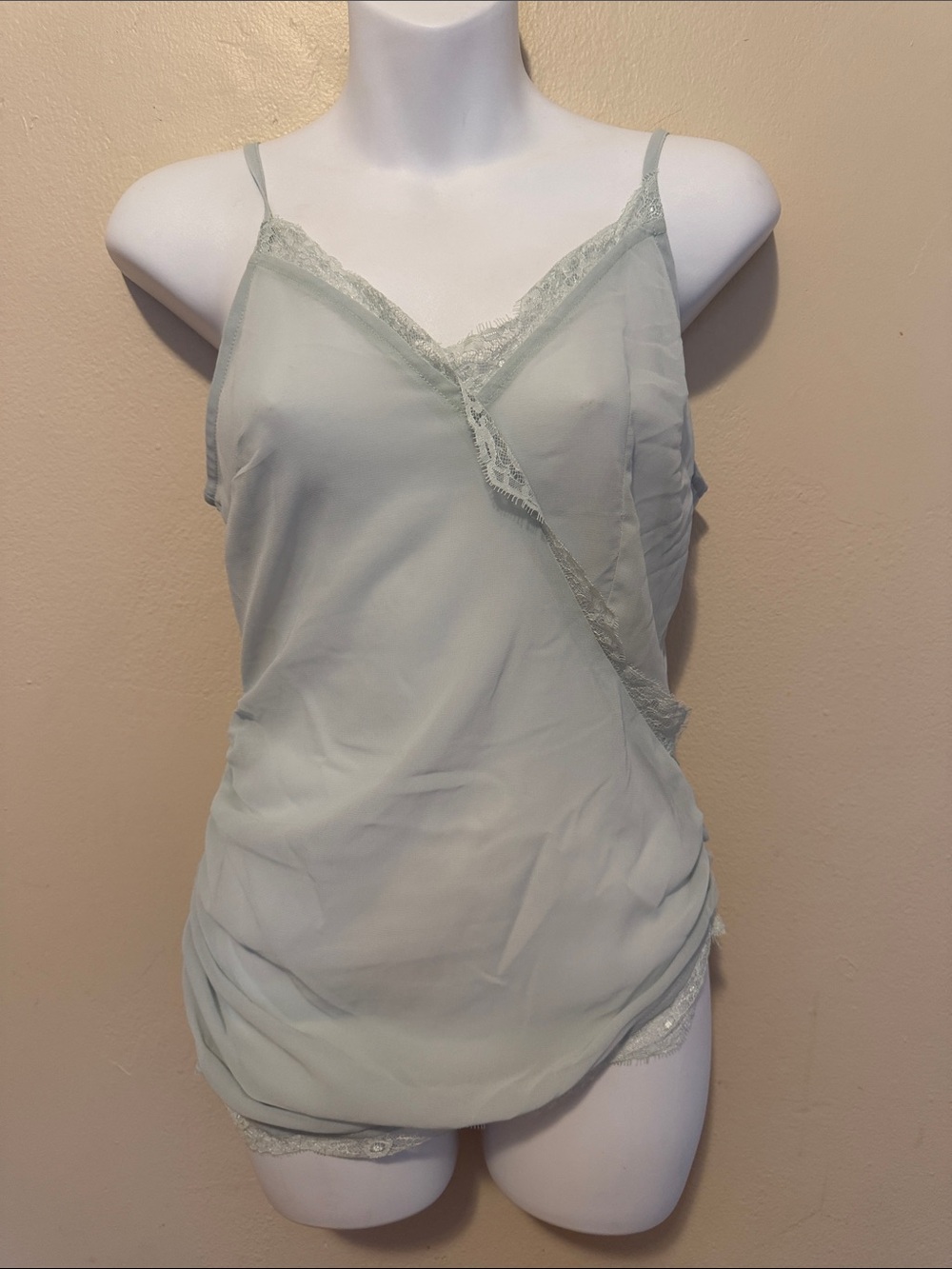 PrettyLittleThing Light Sage Lace Trim Surplice Cami